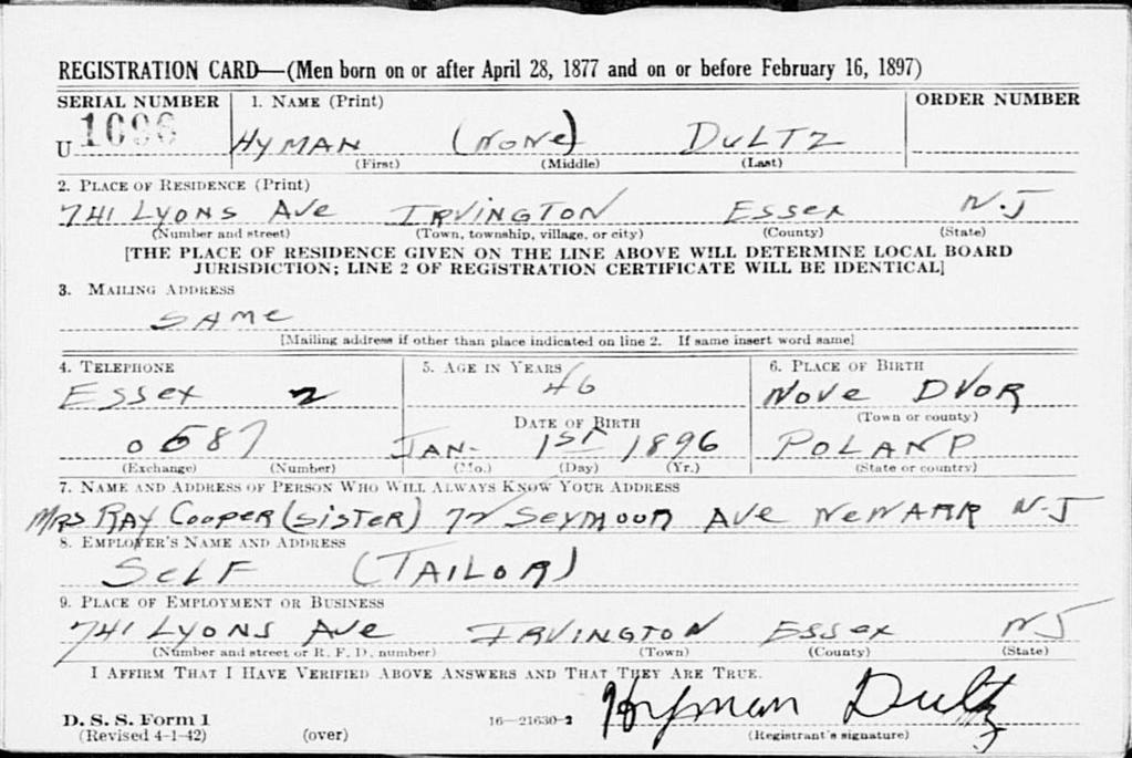 WWII Draft Registration 1942 Hyman Dultz 741 Lyons Avenue, Irvington, NJ Birth: January 1,