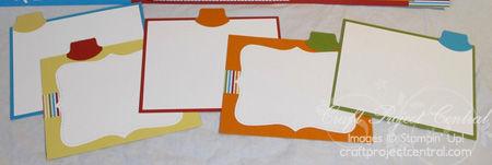 Attach a strip of 5-1/2 x 1 piece of striped DSP to the centers of the So Saffron and Pumpkin Pie 5-1/2 x 4-1/4 card stock pieces using SNAIL