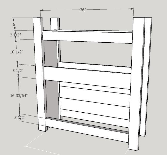 Step 7 Headboard back rails Add the back headboard rails using the 36 inch lengths of 2 by 4, 1 by 4 and 1 by 6 as shown below.