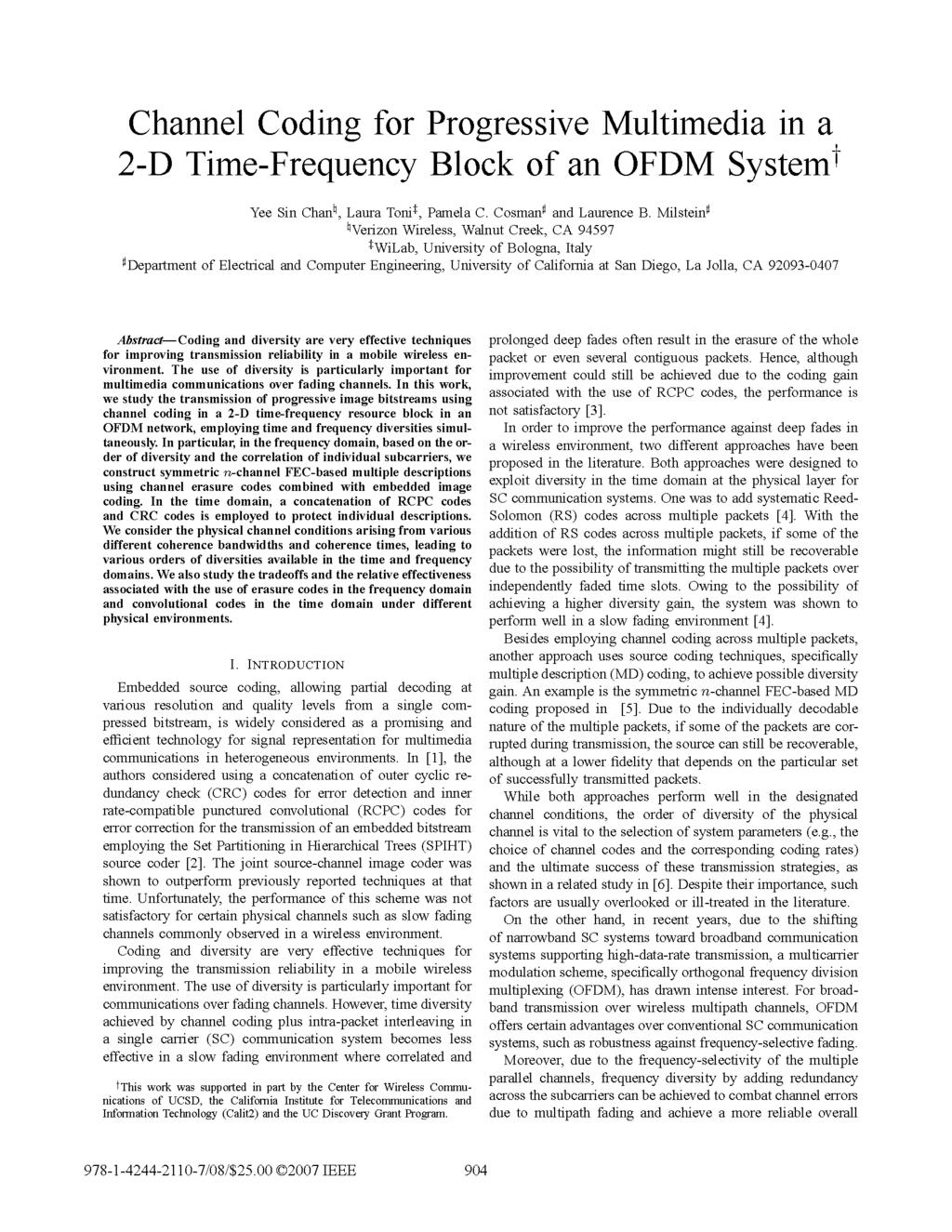 Channel Coding for Progressive Multimedia in a 2-D Time-Frequency Block of an OFDM Systemt Yee Sin ChanK, Laura Tonit, Pamela C. Cosman: and Laurence B.