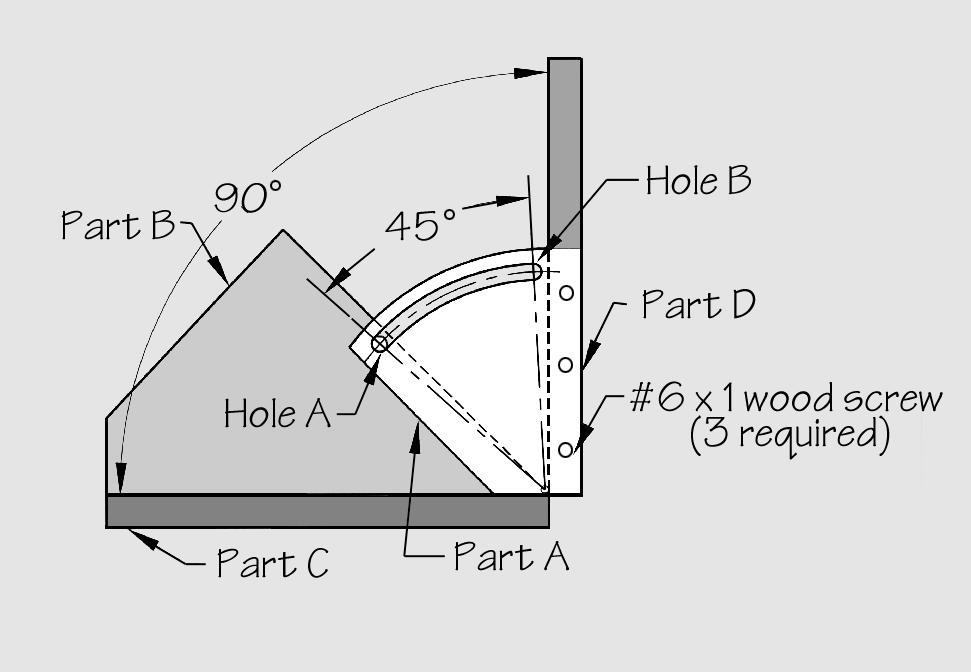 From 3 /8" plywood cut part "A". Cut first to the phantom lines as shown on the drawing. Do not cut the slot in part "A" at this time. Install part "A" on part "D" with 3 screws as shown.