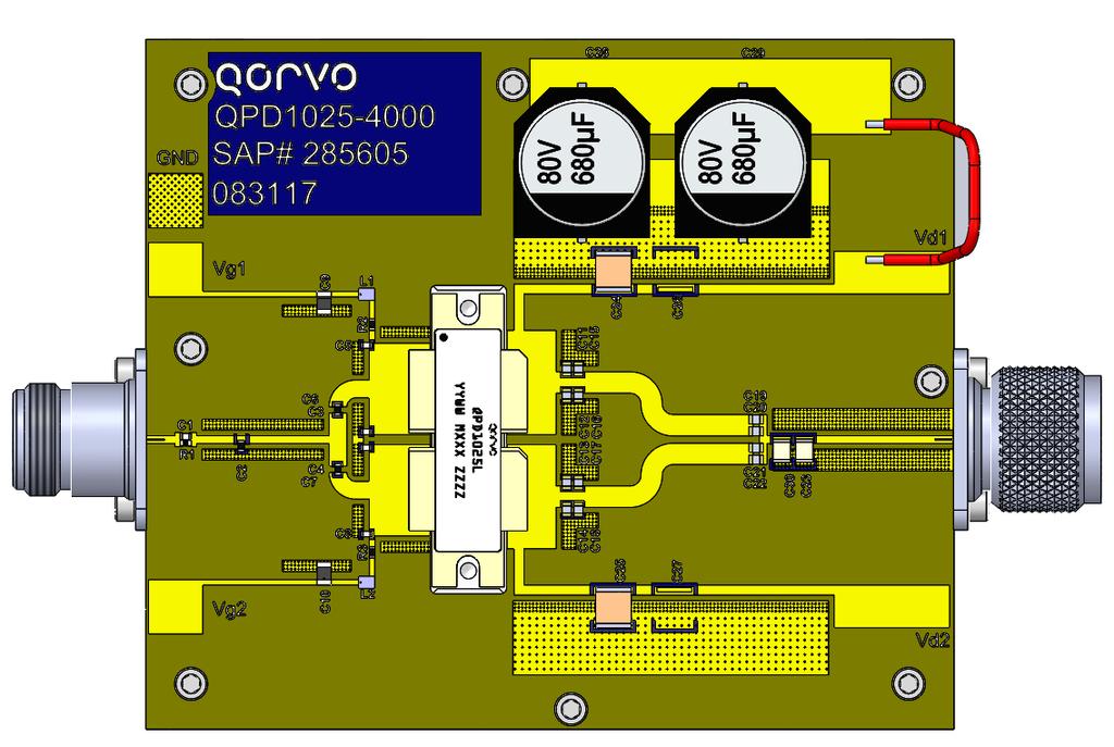 1.0 1.1 GHz Application Circuit Layout 1, 2 1. PCB material is RO4350B 0.0 thick, 2 oz. copper each side. 2. The two gates could be tied together or (optionally) adjusted independently. 1.0 1.1 GHz Application Circuit Bill of Material Reference Design Value Qty Manufacturer Part Number C15,C16,C17,C18 8.