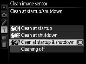 Clean at Startup/Shutdown Choose from the following options: Option 5 Clean at startup Clean at 6 shutdown Clean at startup & 7 shutdown Cleaning off Description The image sensor is automatically