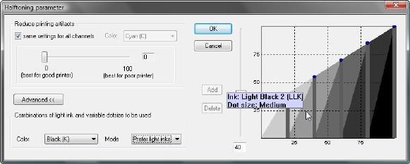 Clicking on the Settings button near the dithering method allows specifying some parameters for the raster.