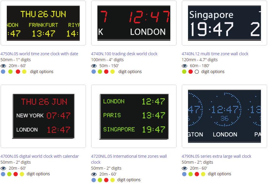time-zones of your choice and either printed or programmable illuminated location legends, multiple display colours, sizes and