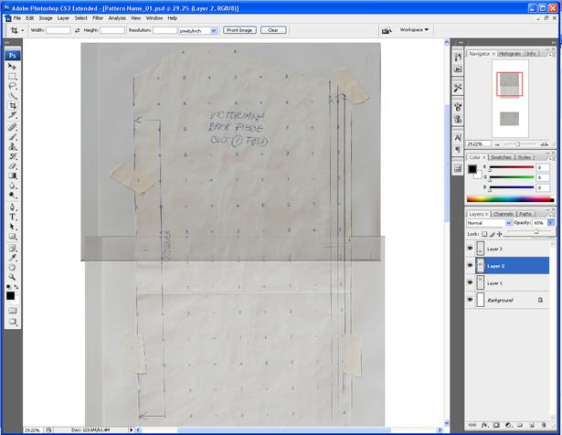 When you have all your images in your base file, you need to put the pattern piece back together. This is where the markers you added to the pattern before you scanned it will come in handy.
