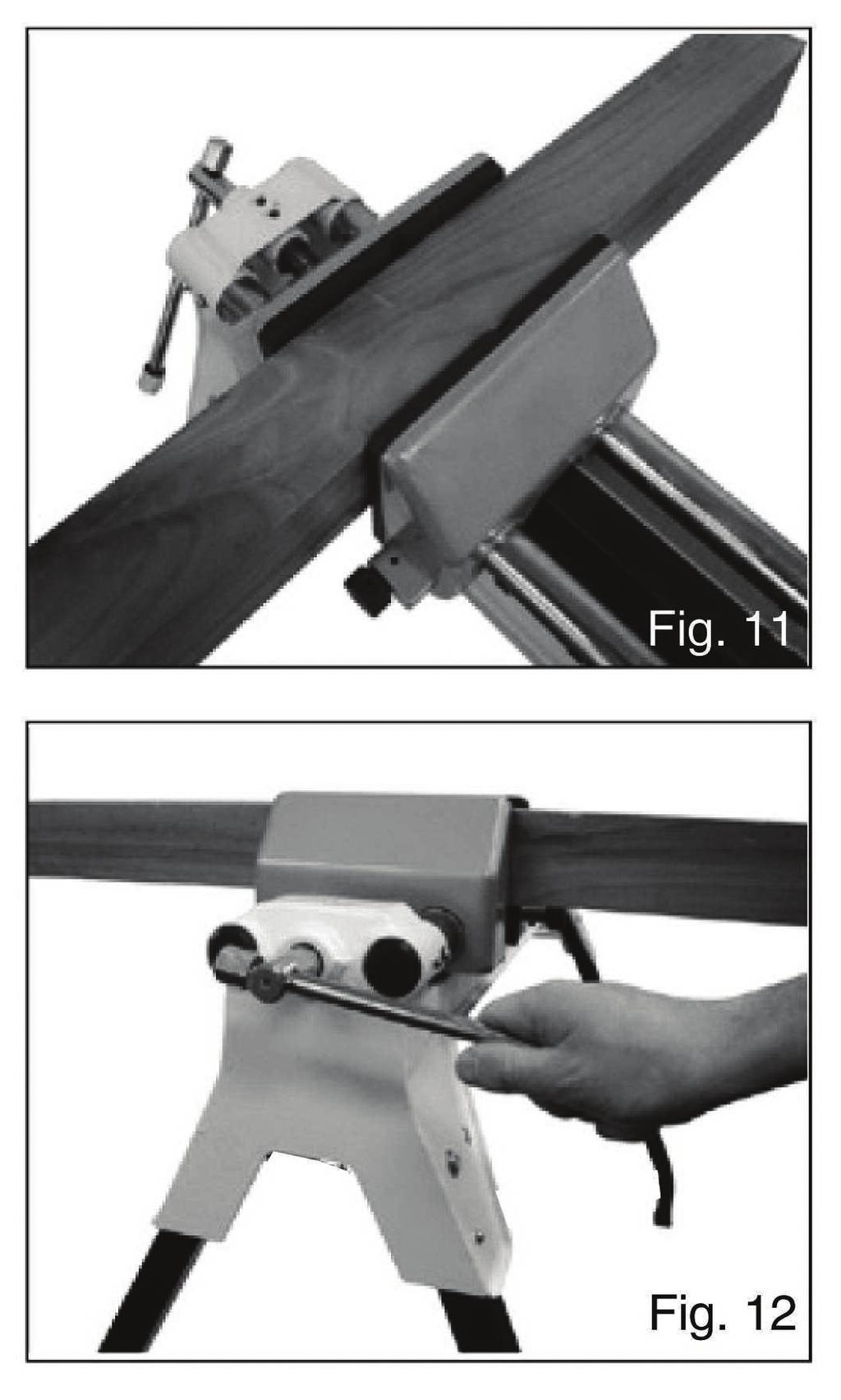 Clamping material 1. Ensure the front vise jaw is located towards the front of the Uni-Jaws. 2. Place the workpiece onto the vise rails in between the front vise and rear vise jaws. (Fig.11) 3.