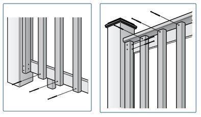 Railing Installation Step 9: Evenly space balusters on the inside of the top and bottom rails with 1½-inch side facing outward.