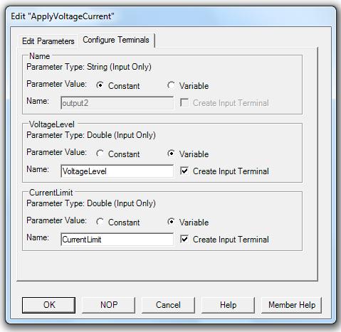16: Editing parameters of IVI driver object for Agilent E3631A 12) In order to create input terminals, click on Configure Terminals tab and then on