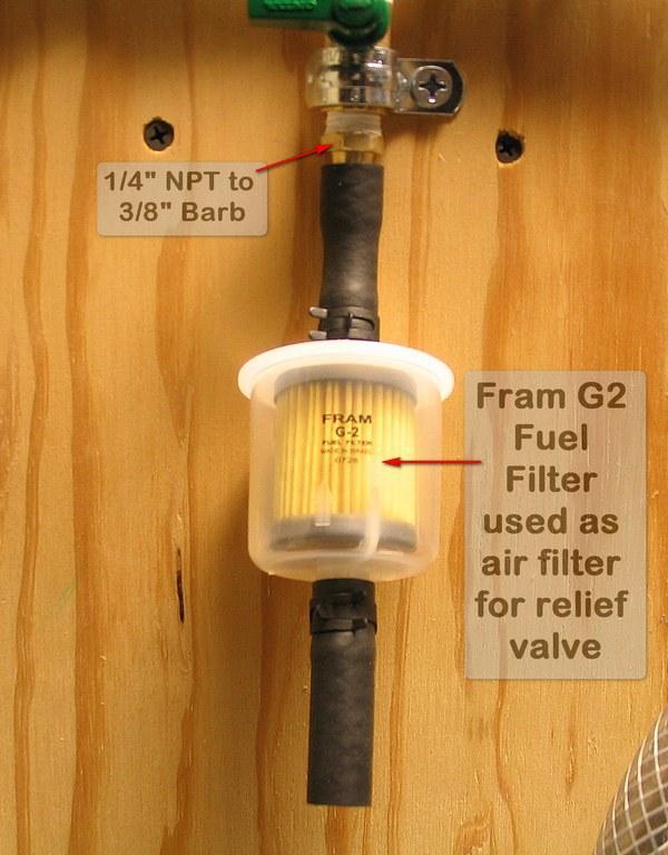 Step 5: Connect the Relief Valve to the T and then attach the small air filter to the bottom end of the Relief Valve.