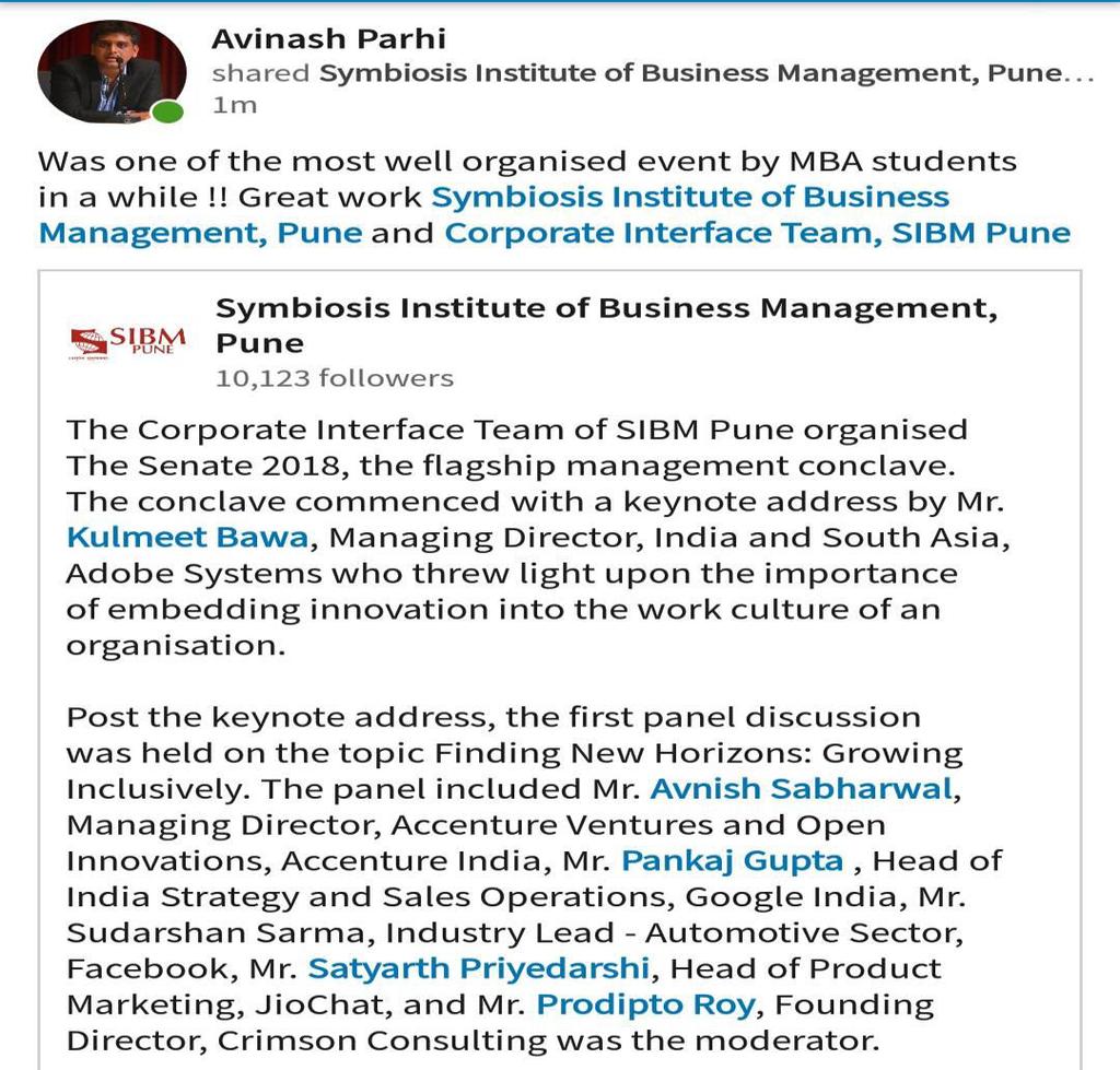 The Senate 2018 The panel was moderated by Mr. Prodipto Roy. It was a great experience for the students of SIBM Pune to not just learn from some of the best and the brightest of India Inc.