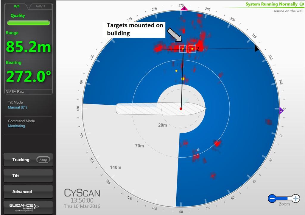 CyScan is tracking the 2 rightmost targets. Line of sight to the rightmost target is blocked by trees, which are just visible in the Radar image.