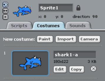 Later on, when our shark catches the fish we will want it to open its mouth. To do this we have to add another costume to the shark sprite.