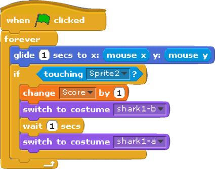 We already have an IF block that adds one to your score if the shark sprite touches the fish sprite.
