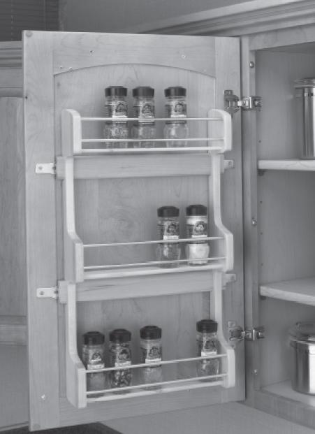 Accessories Spice Rack for mounting on cabinet door or wall. Specify cabinet to be installed into or shipped loose for field install. Cabinet will require 1/2 depth shelves.