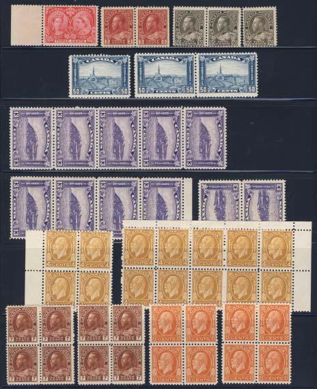 We note interesting items such as: 1908 Quebec issue in pairs to the 7c, but unused; large multiples of the lower value of the Arch and Maple Leaf issues including 12c Quebec Citadel and 20c