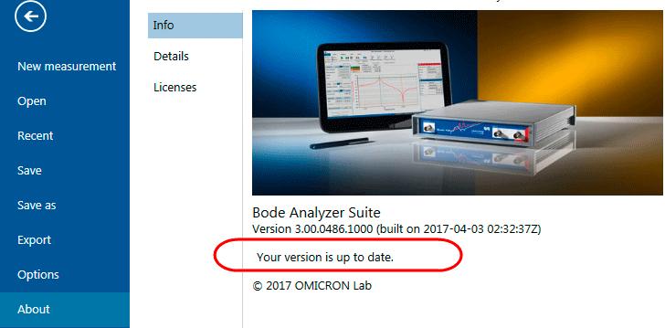 Bode Analyzer Suite functions 9.11 Check for updates In order to check if your Bode Analyzer Suite is up to date, click on the info icon.