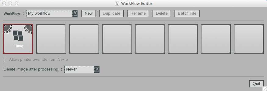 PRINT AND WORKFLOW Tiling in WorkFlow mode You can integrate Tiling in Rolandprintstudio workflow: just drag and drop it from the application bar to the workflow.