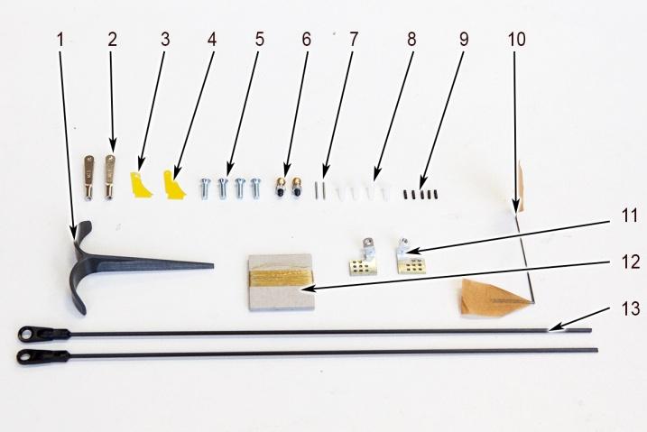Accessory kit: 1. The list of parts and materials to build: Parts set: 1 - Launching peg; 2 - Aileron clevises (with M2.