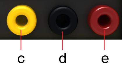 6.1.3 Banana Socket Banana Socket Yellow (c): Banana Socket Black (d): Banana Socket Red (e): Data output or data input for GAZ or D-LINE Common ground Timing channel Input: Adjustable timing channel