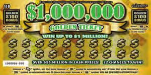 10 GOLDEN TICKET GAME #1238 NOVEMBER 2016 WIN UP TO 1,000,000! 22 CHANCES TO WIN! HOW TO PLAY ODDS & WINNERS* PRIZE PAYOUT 73% Uncover a symbol, win that prize.