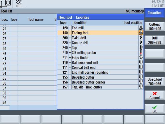 The tools are displayed in order of ascending location number in the "Tool list" by default. Place the active input line at the end of the tool list.