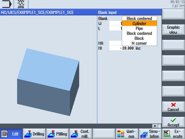 The start of the program also includes the option of defining the blank for the simulation, regardless of whether milling or turning technology is selected.