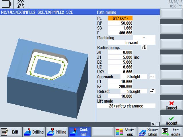 Path milling with the contour calculator Select the contour name variant in the first text box. Enter the name for the contour to be machined.