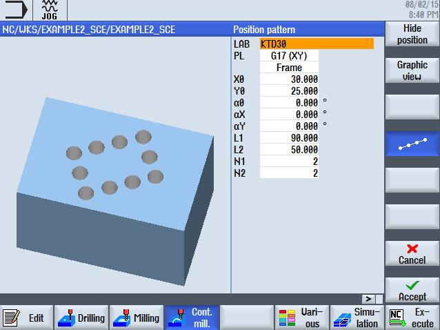Select the softkey for "Linear hole patterns" to start entering the position data for the four circular pockets Ø30 mm.