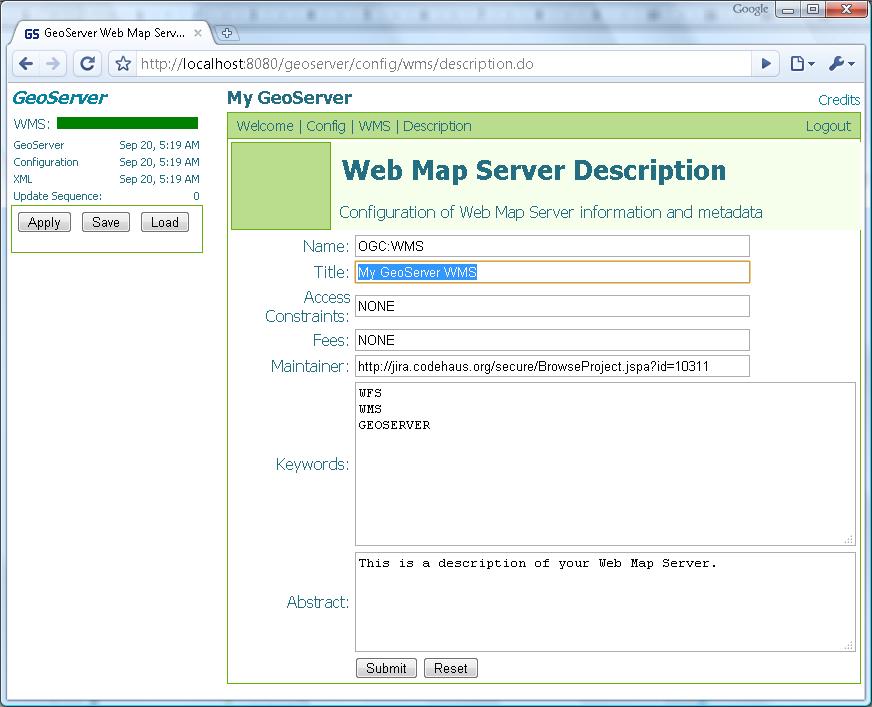 7. Continue deeper into the configuration system by pressing WMS and then Description.