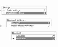 110 Telefonul Conectarea/ştergerea/separarea dispozitivelor Bluetooth Apăsaţi butonul CONFIG şi utilizaţi butonul de control MENU-TUNE pentru a ajunge la Settings (Setări) Bluetooth settings (Setări