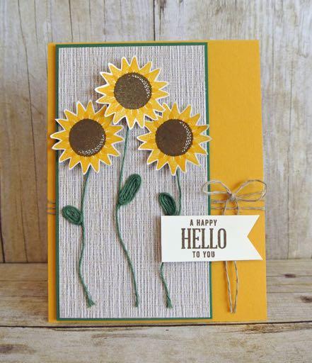 Hello Sunflowers 131173 Crushed Curry Classic Ink Pad 126978 Soft Suede Ink Pad 131199 Crushed Curry cardstock (4-1/4" x 11") 102584 Garden Green cardstock (3-1/8" x 5-3/8"") 101650 Very Vanilla