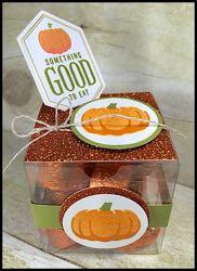Autumn Candy Box Pumpkin Pie Glimmer Paper 142029 2 x 2 and a 1 3/8 Circle Punch Old Olive cardstock 100702 ½ x 8 ½ and a 1 3/8 circle Punch Whisper White cardstock 100730-2 x 4 Pumpkin Pie Ink Pad