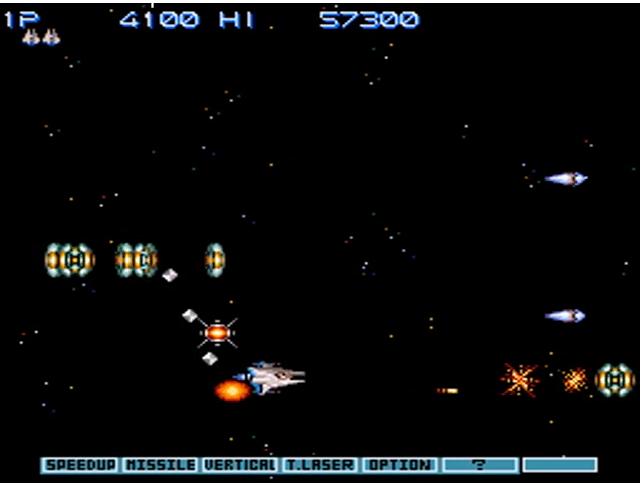 Gradius III Safe & unsafe: A line of bullets slices through area in front of powerup, in case player