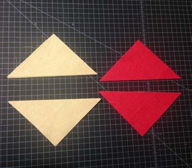 Assemble the Wonky Star Blocks Stack the red and yellow squares; slice in half diagonally to create 16 triangles of each