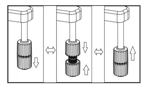 6 Adjusting the Stage - (Fig. 5) The stage has a coaxial X-Y Stage Movement Knob which allows you to move your specimen in any direction: top knob - forward/back (Y), and bottom knob - left/right (X).