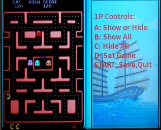 Select game list by moving 1P joystick (up or down to choose game, left or right to view game menu) and press 1P-A to decide to show or hide the selected game.