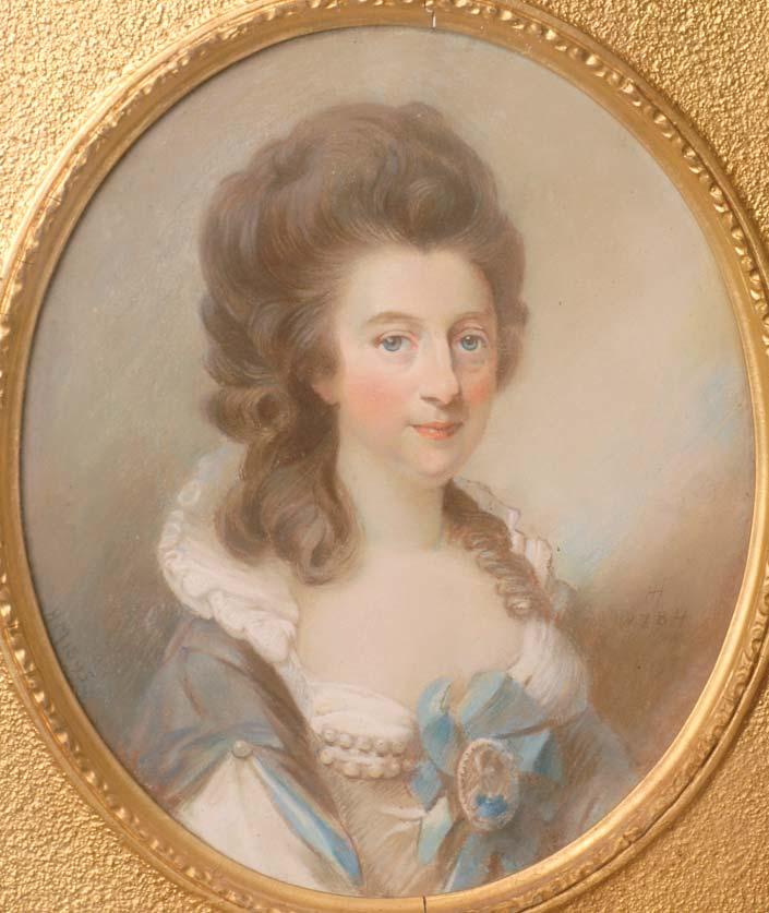 the hair encased in a frame usually belonged to the person depicted, there is no way to be certain in this instance if the hair is that of Lady Newenham, the person whose portrait she wears, or if it