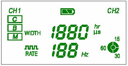 TECHNICAL SPECIFICATIONS Channel: Pulse intensity: Pulse Rate: Pulse Width: Patient Compliance meter: Timer: LCD: Dual, isolated between channels Adjustable 0-80 ma peak into 500 Ω load each channel,