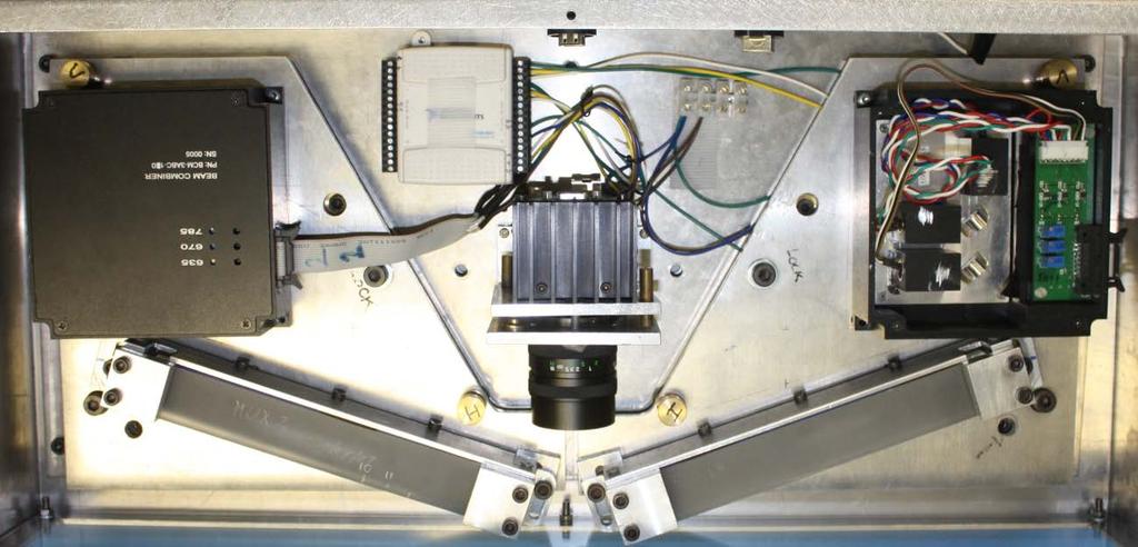Figure 4.1. Photograph of initial prototype weed sensor showing layout of optical components. The beam combiner used to align the three lasers is described in Section 3.5.2.