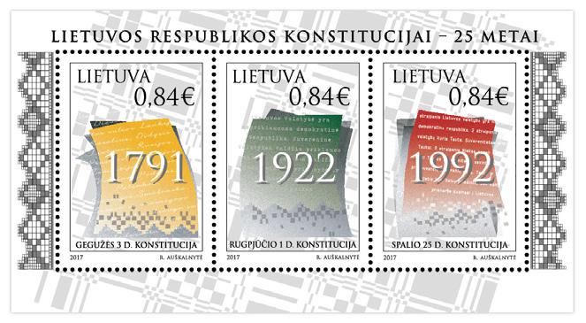 25TH ANNIVERSARY OF CONSTITUTION OF LITHUANIAN REPUBLIC Issue day 2017-10-28 Artist R. Auškalnytė. Art paper. Offset. Souvenir sheet 94 x 50 mm. Each stamp 26 x 36 mm. No. 765. Nominalas 3 x 0,84.