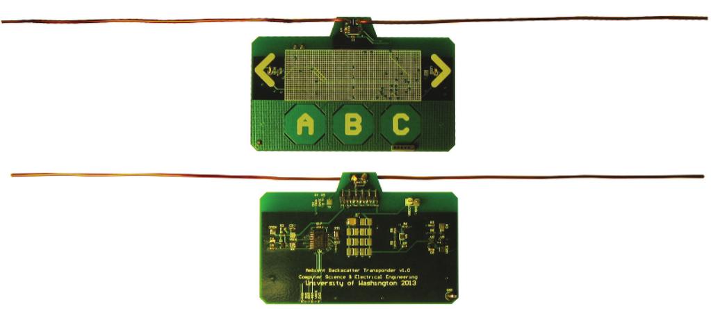 Cover Feature Front Back Figure 7. Photo of ambient backscatter communication node. The device can harvest, transmit, and receive without a battery or powered reader.