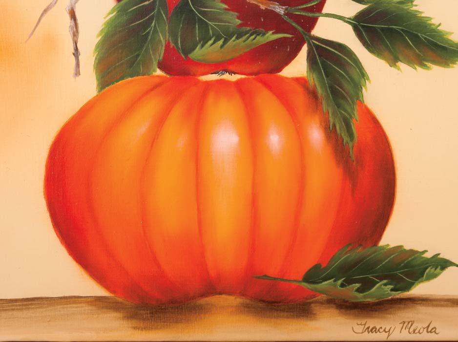 Pumpkin gourd basecoat with a mix of Bright Orange + Tangerine (1:1) using a flat brush. Shade Burnt Orange down the creases between the bumps and down both outer sides of the gourd.
