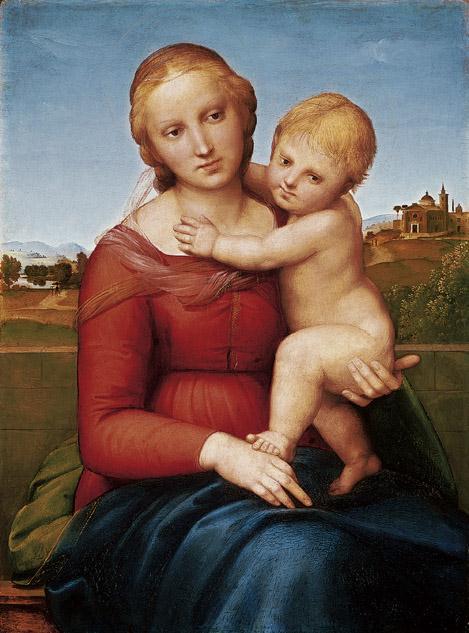 Artist: Raphael Title: The Small Cowper Madonna Medium: Oil on wood panel Size: 23⅜ X 17⅜" (59.5 X 44.1 cm) Date: c. 1505 Virgin s has a graceful turn of the head and wistful expression.