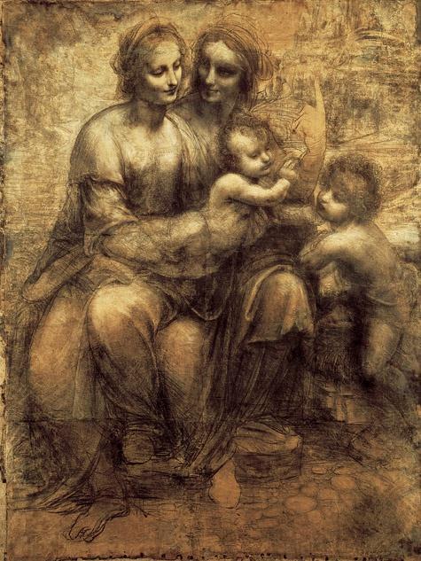 Artist: Leonardo Title: Virgin and Saint Anne with the Christ Child and the Young John the Baptist Medium: Charcoal heightened with white on brown paper Size: 55½ X 41" (141.5 X 104.6 cm) Date: c.