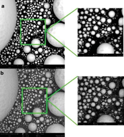 Fig 9: SEM images of tin with the use of a) large and b) small spot size. On the left, low magnification images are shown and, on the right, their respective high magnification images.