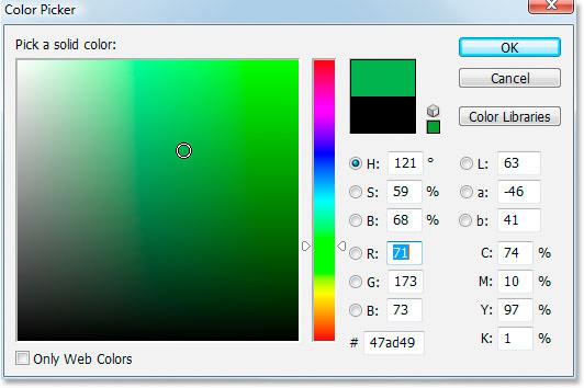 This will bring up Photoshop s Color Picker. I m going to choose a green color: Photoshop s Color Picker. Click OK once you ve chosen a color to exit out of the Color Picker.