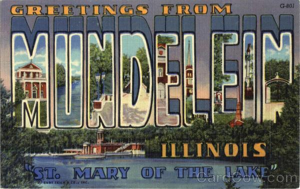 THEME AND STYLE GUIDELINES Theme: Style: The artwork should include the word MUNDELEIN with each letter containing artwork. A postcard is shown to the right demonstrating the concept.