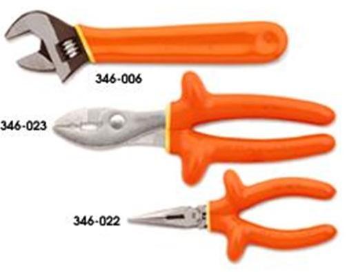 Insulated Adjustable Wrenches and Pliers Part Number:: 346-006, 346-023 & 346-022 Individually Tested at 10KV for use up to 1000V Two-color Insulation Meets ASTM 1505-94 and IEC 900 Standards Product