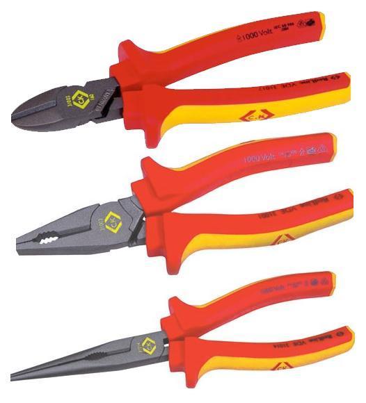 Insulated Electrician s Pliers Part Number:: 416-554, 416-555 & 416-556 Insulation Molded & anchored to handles Individually tested at 10,000VAC for use up to 1000V Meets VDE, IEC 900 and
